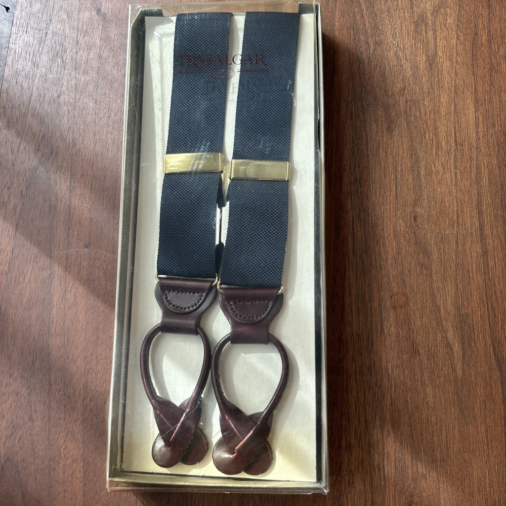New Trafalgar Suspenders Braces Blue Brass Adjusters Burgandy Leather